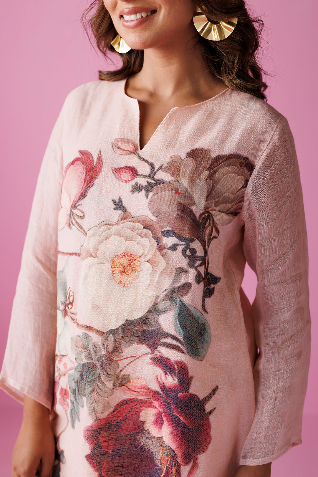 Printed Pure Linen Kurta Set Stitched with Asymmetrical cut