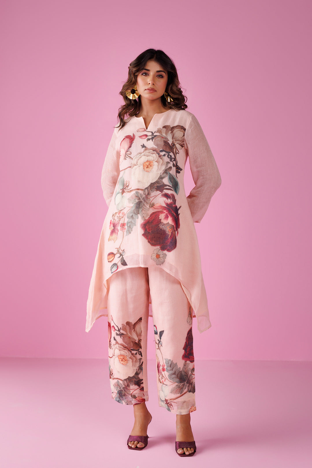 Printed Pure Linen Kurta Set Stitched with Asymmetrical cut