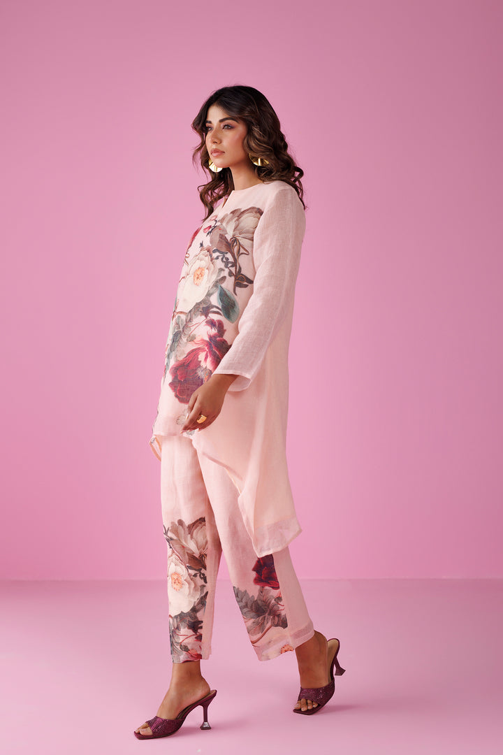 Printed Pure Linen Kurta Set Stitched with Asymmetrical cut