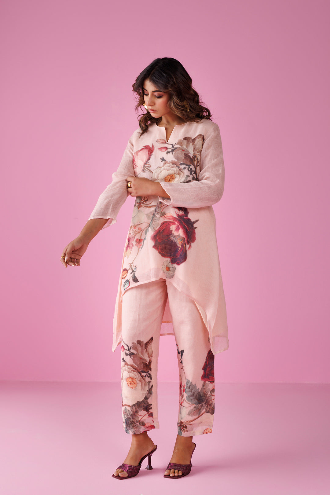 Printed Pure Linen Kurta Set Stitched with Asymmetrical cut