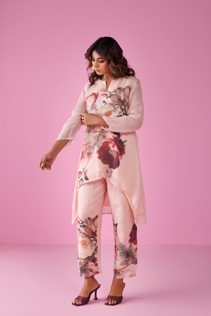 Printed Pure Linen Kurta Set Stitched with Asymmetrical cut