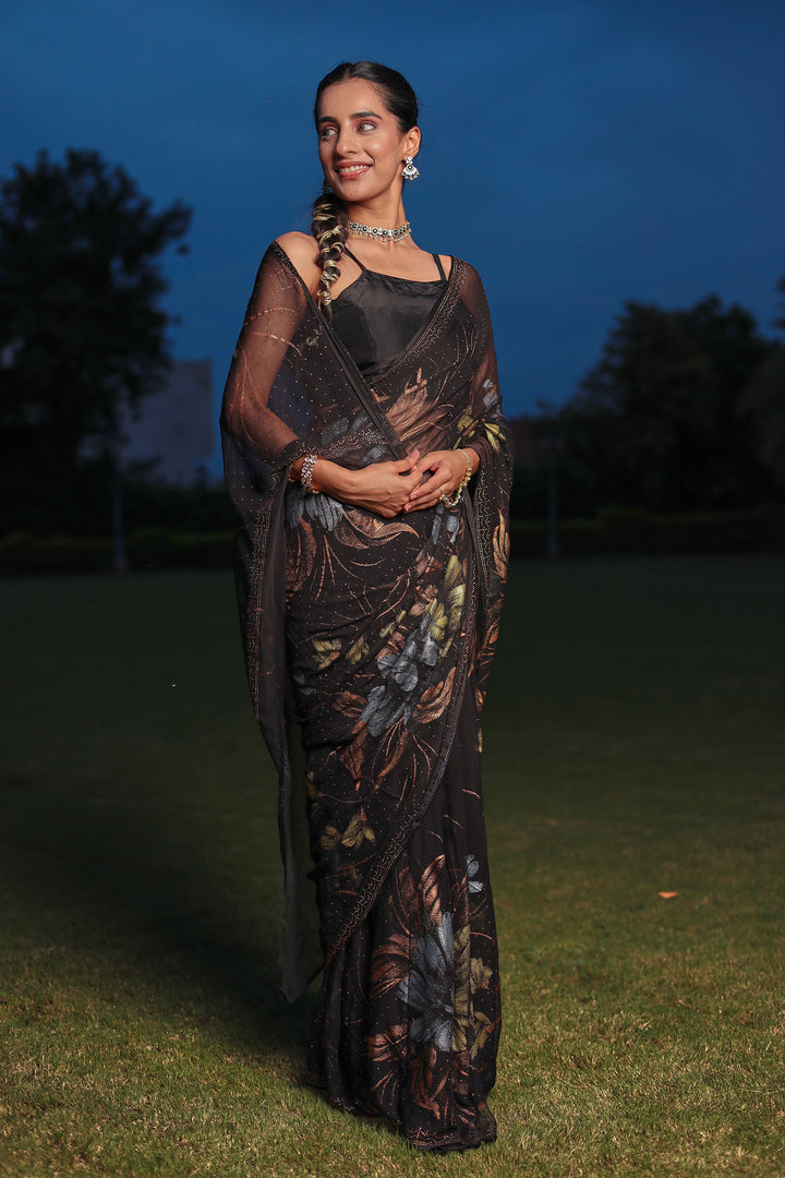 Chiffon Saree Adorned with Swarovski and Foil Print