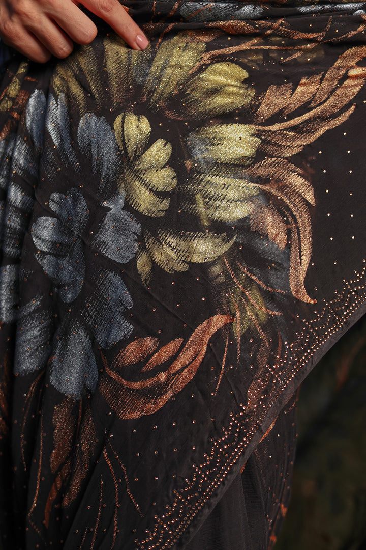 Chiffon Saree Adorned with Swarovski and Foil Print