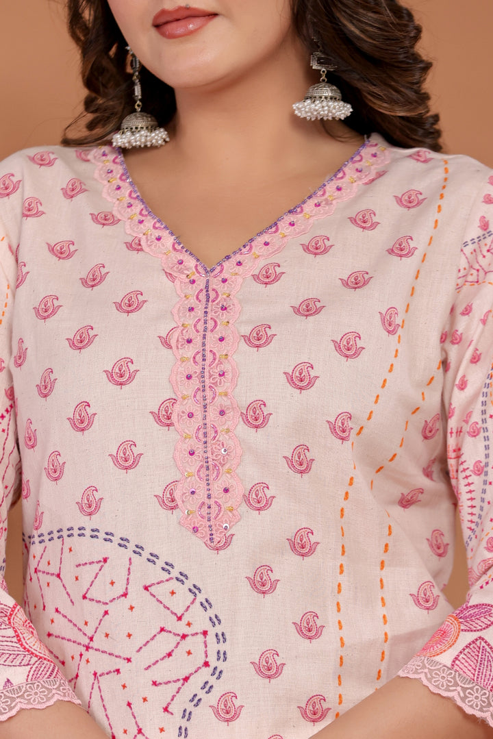 Printed Linen Kurta Set Stitched with Sequins work