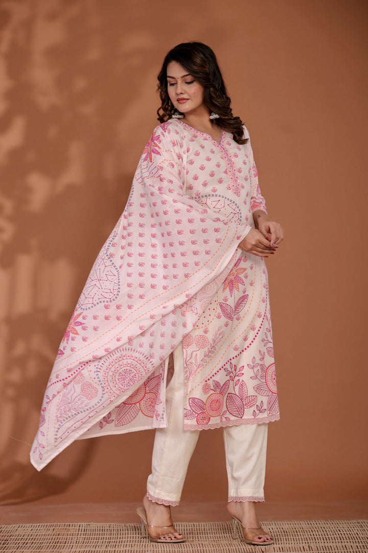 Printed Linen Kurta Set Stitched with Sequins work