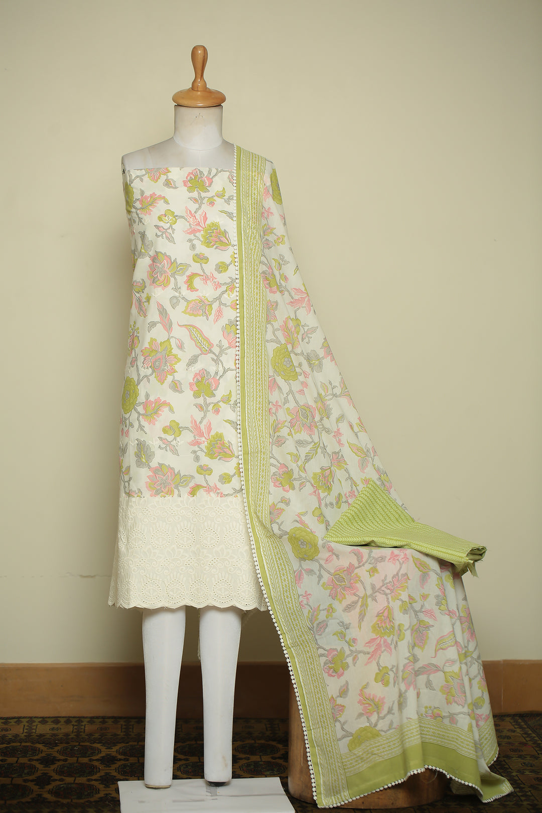 Printed Cottons Unstitched Suit with Thread, Lace work.