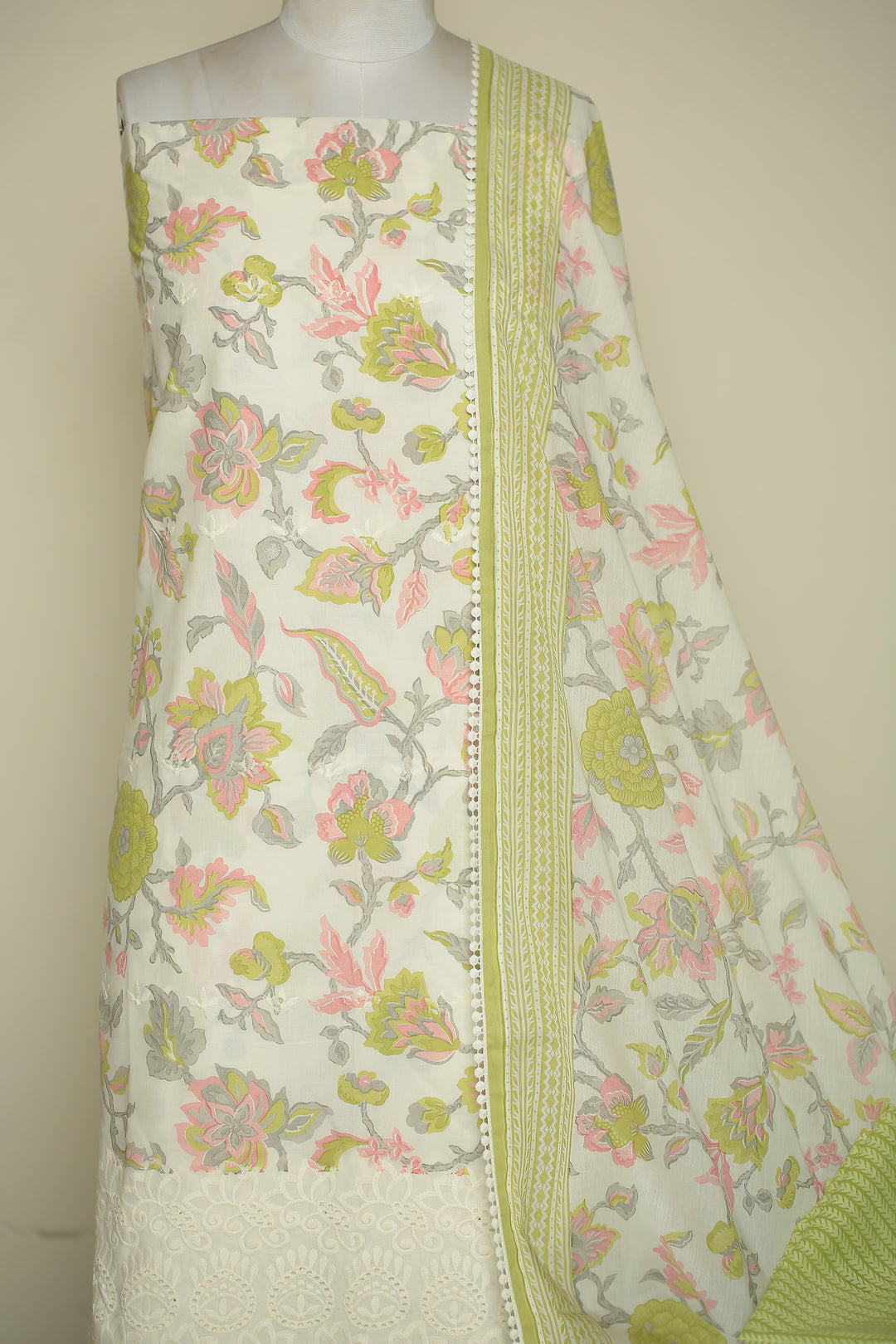 Printed Cottons Unstitched Suit with Thread, Lace work.