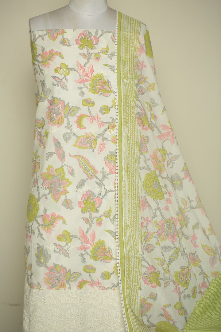 Printed Cottons Unstitched Suit with Thread, Lace work.