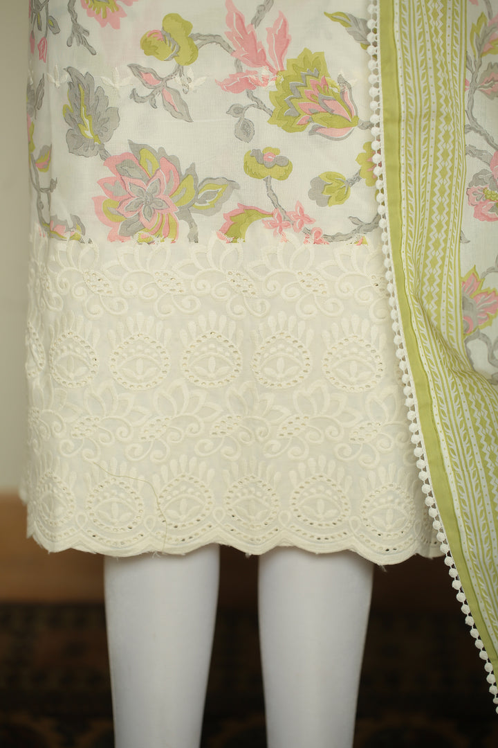 Printed Cottons Unstitched Suit with Thread, Lace work.