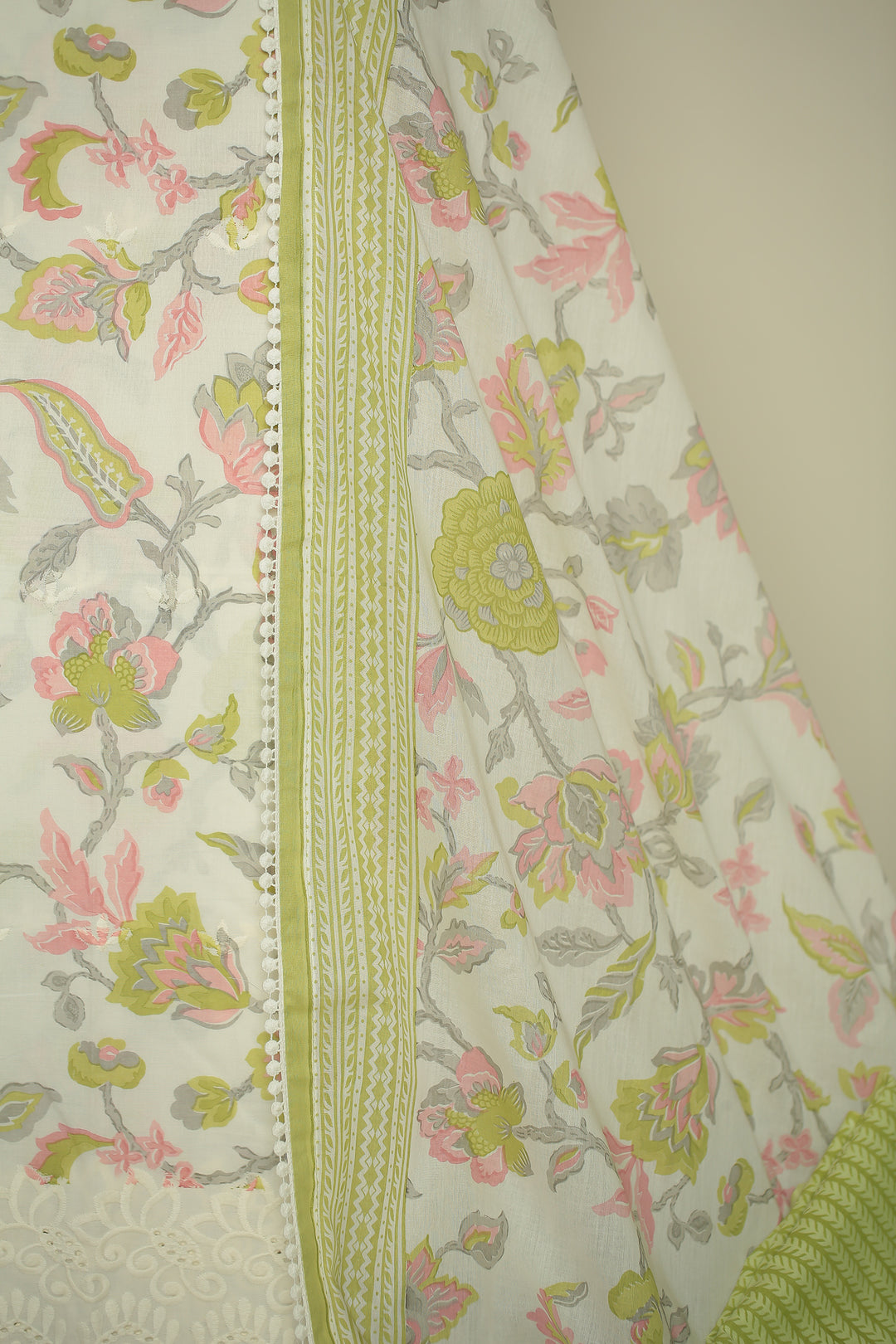 Printed Cottons Unstitched Suit with Thread, Lace work.