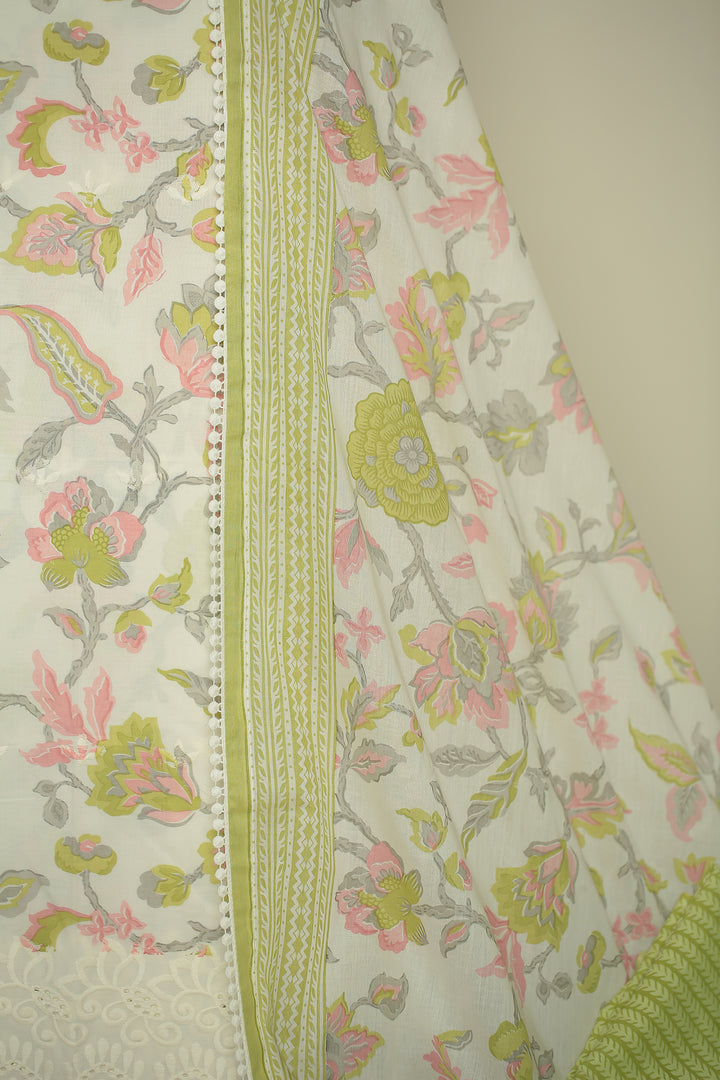 Printed Cottons Unstitched Suit with Thread, Lace work.