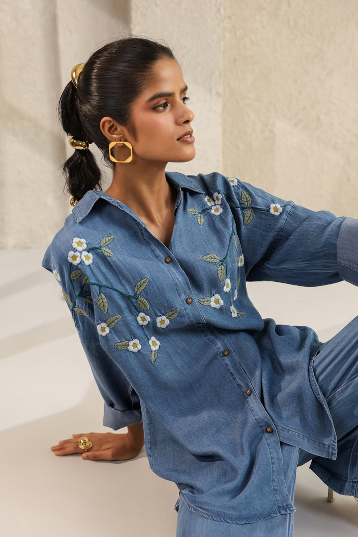 Blue Embroidered Denim Co-Ords Set