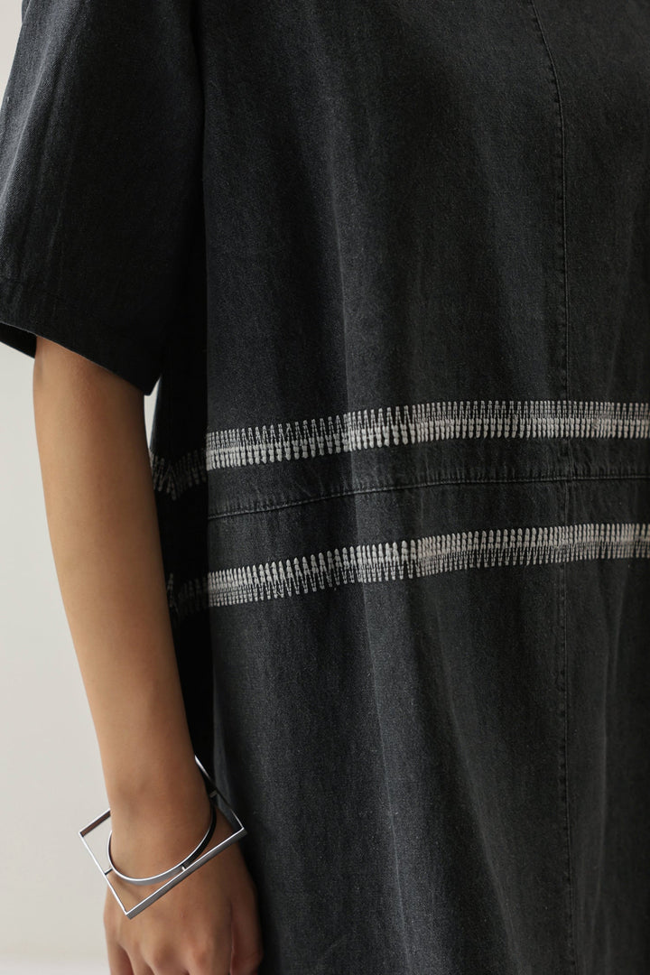 Grey Soft Denim Midi Dress with Embroidery