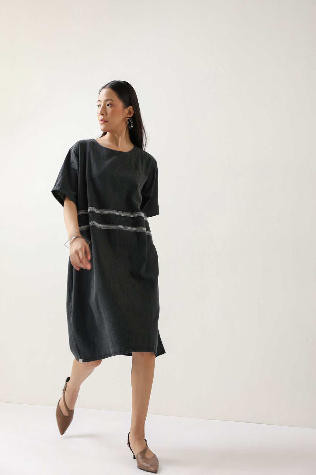 Grey Soft Denim Midi Dress with Embroidery