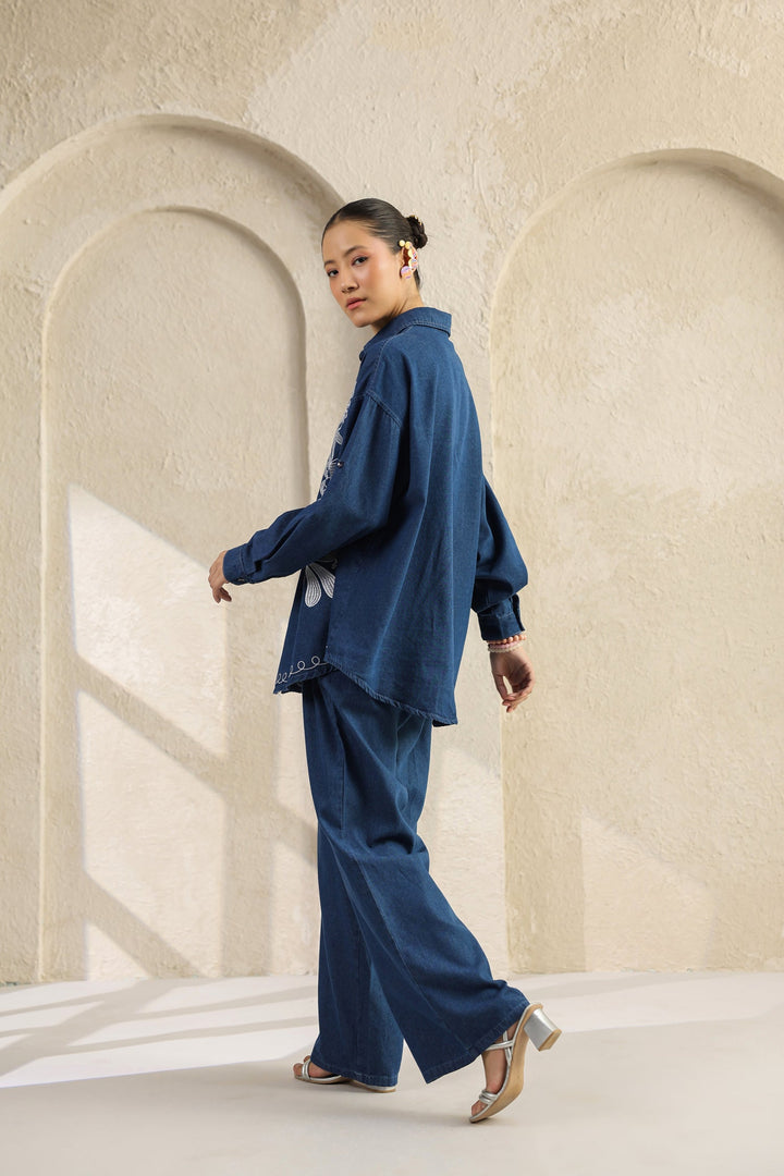 Dark Blue Embroidered Denim Co-ords Set