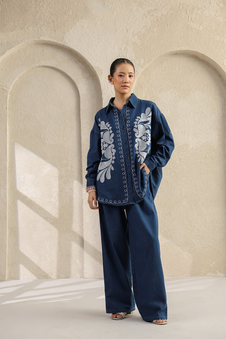 Dark Blue Embroidered Denim Co-ords Set