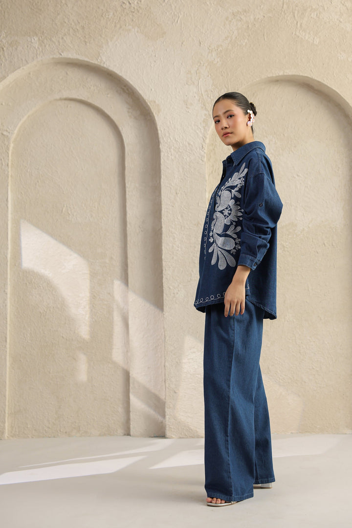 Dark Blue Embroidered Denim Co-ords Set
