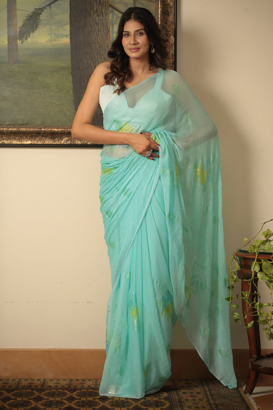 Foil Printed Chiffon Saree with Swarovski work.