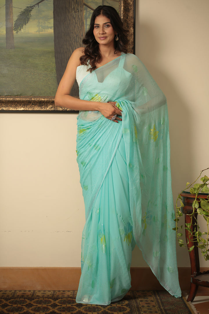 Foil Printed Chiffon Saree with Swarovski work.