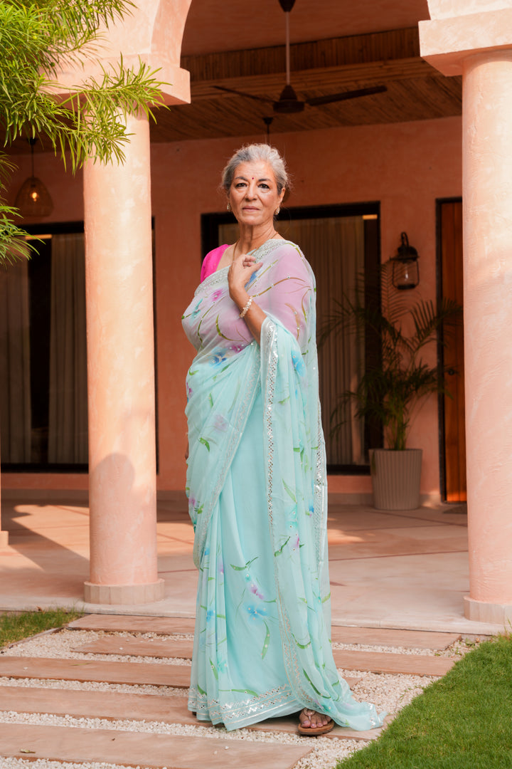 Printed Chiffon Saree with Gota and Foil work