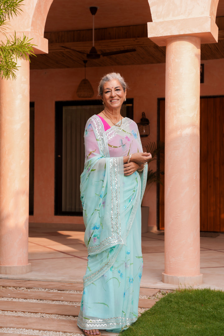 Printed Chiffon Saree with Gota and Foil work