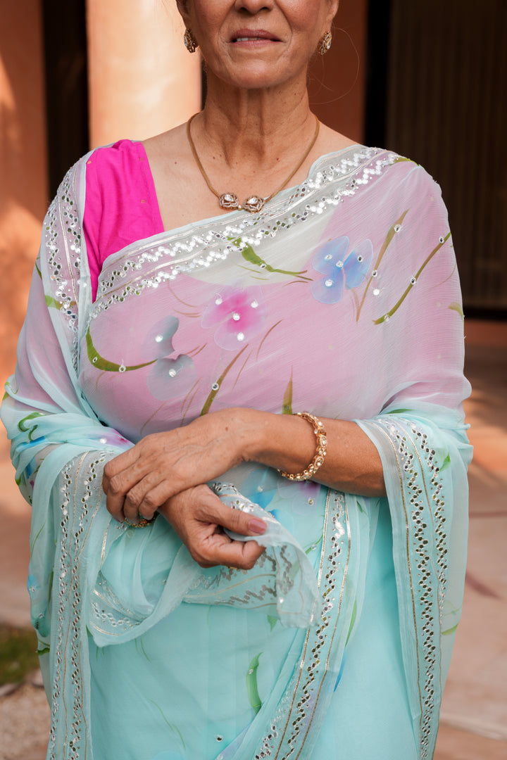 Printed Chiffon Saree with Gota and Foil work