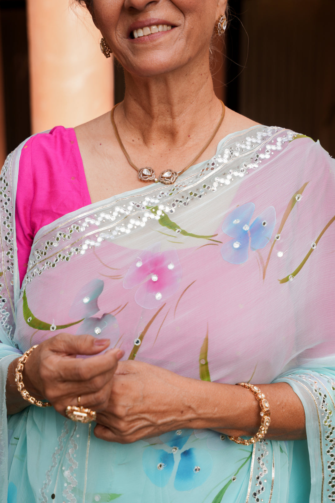 Printed Chiffon Saree with Gota and Foil work