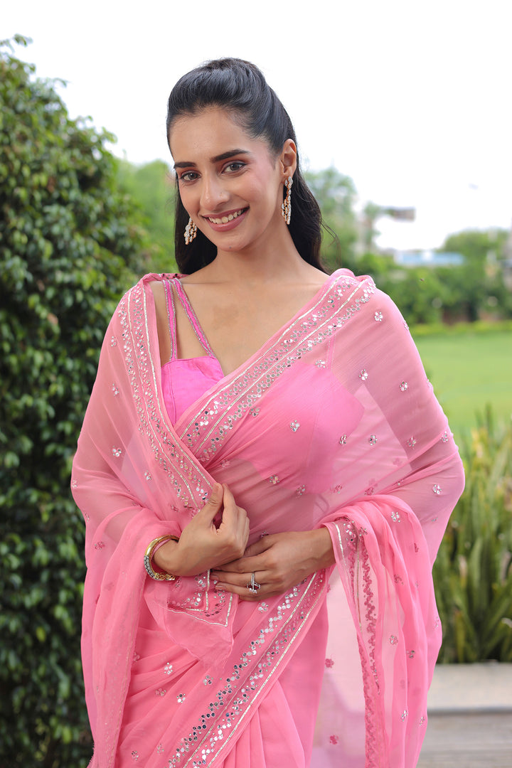 mirror work pink saree