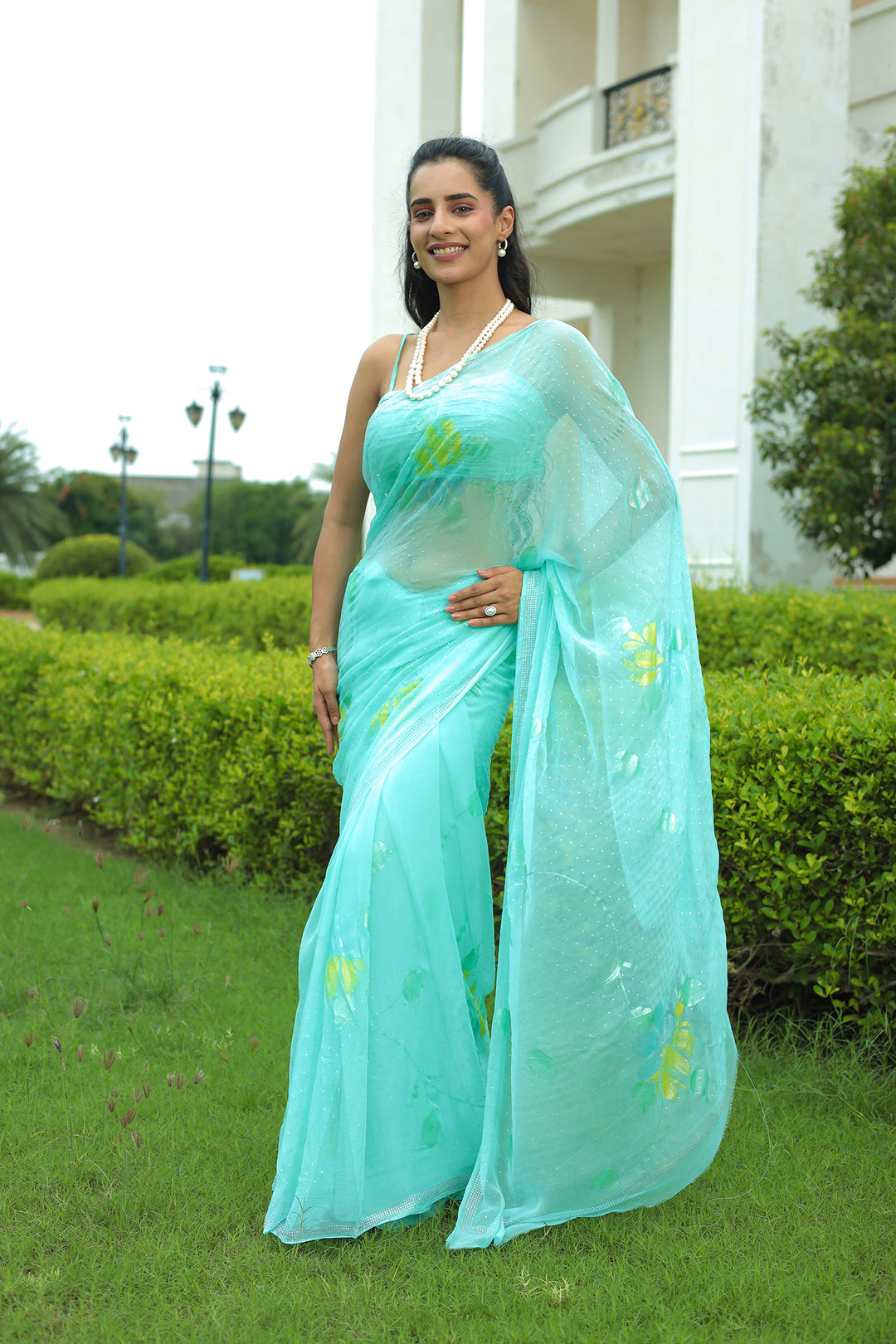 chiffon saree in light blue colour