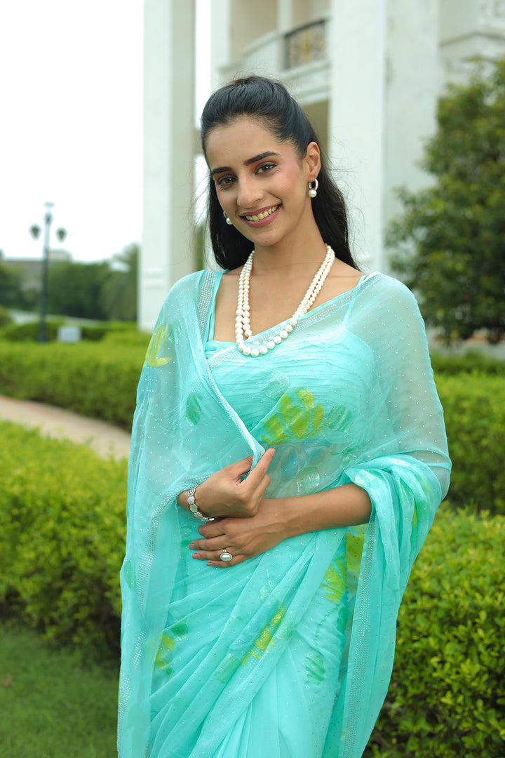printed blue saree