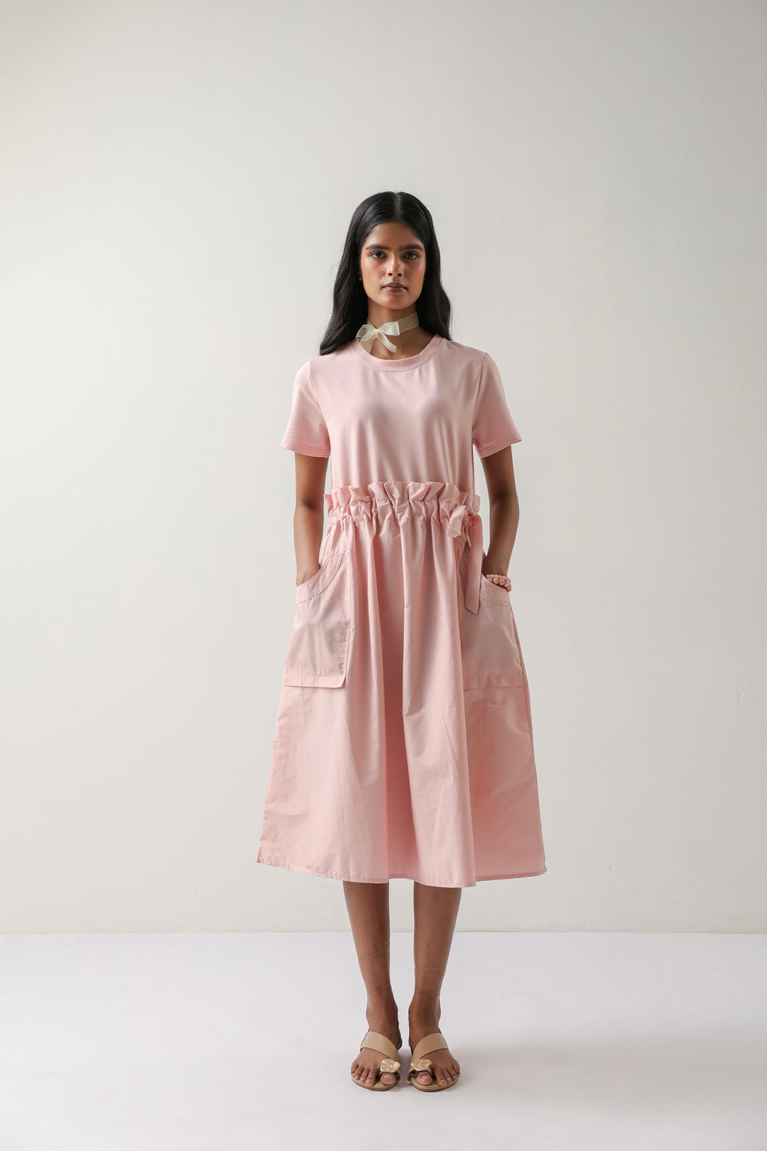 The Blush Ease Pocket Midi Dress – Baby Pink Cotton Knit – Zari Jaipur