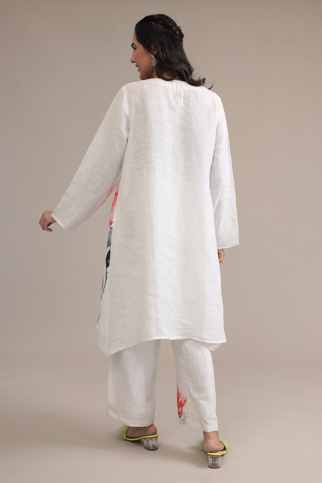 White Printed Linen Kurta