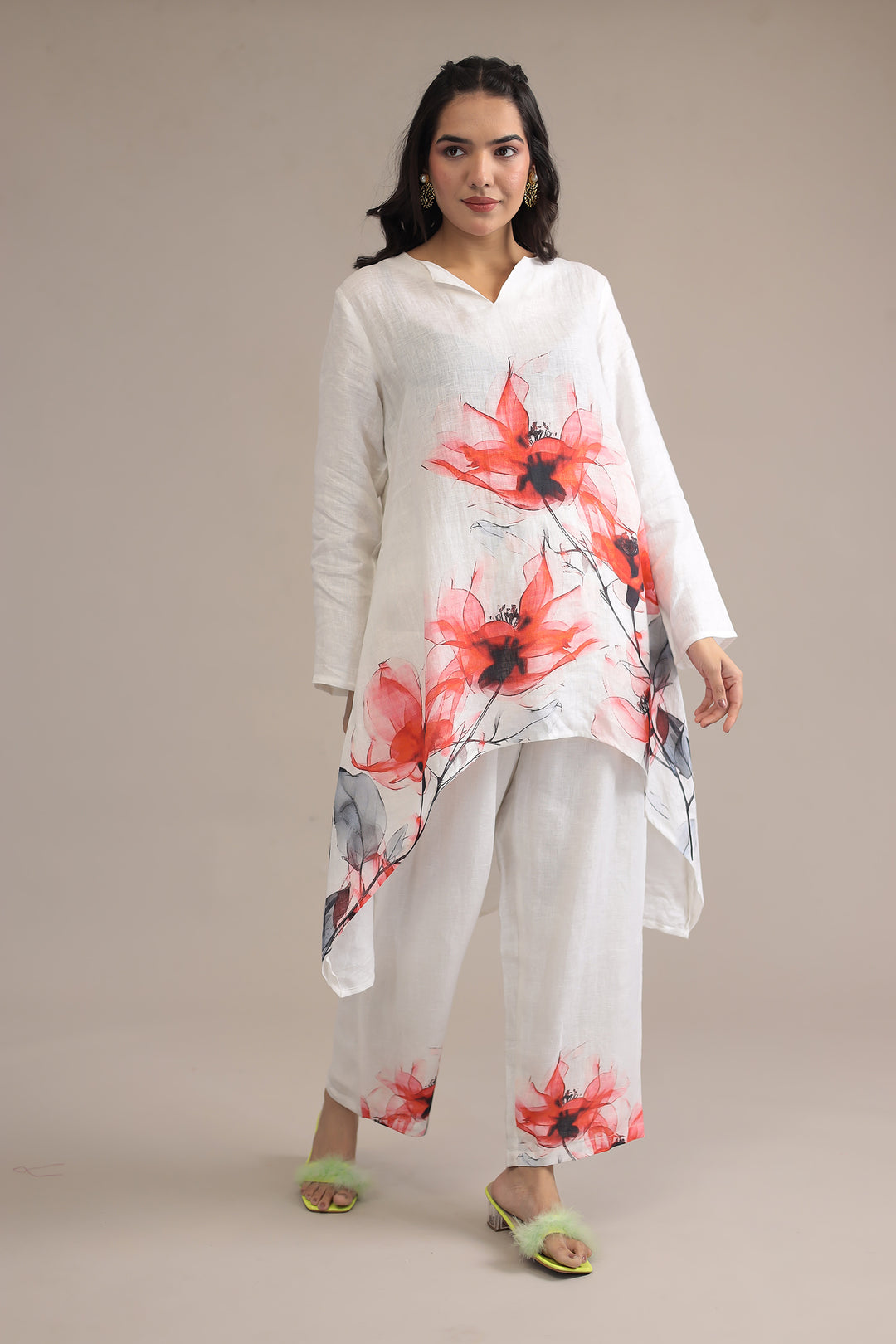 White Printed Linen Kurta