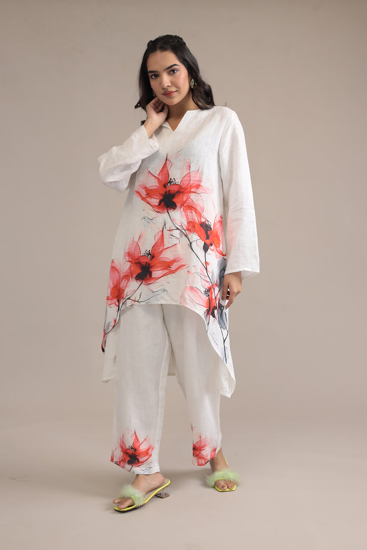 White Printed Linen Kurta