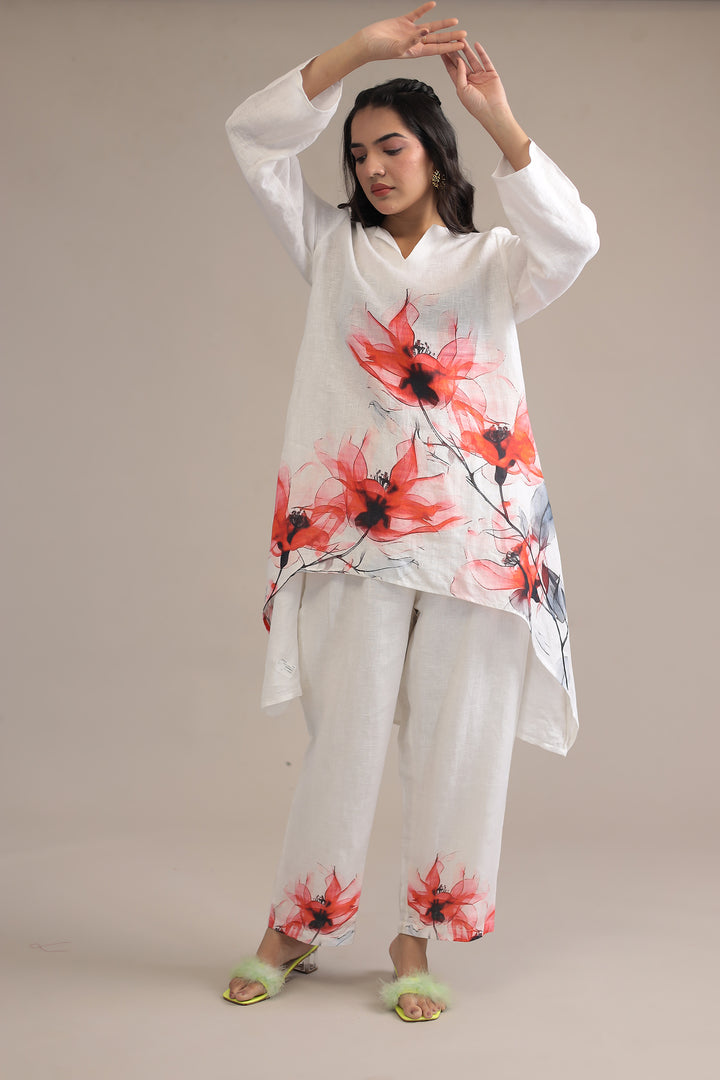 White Printed Linen Kurta