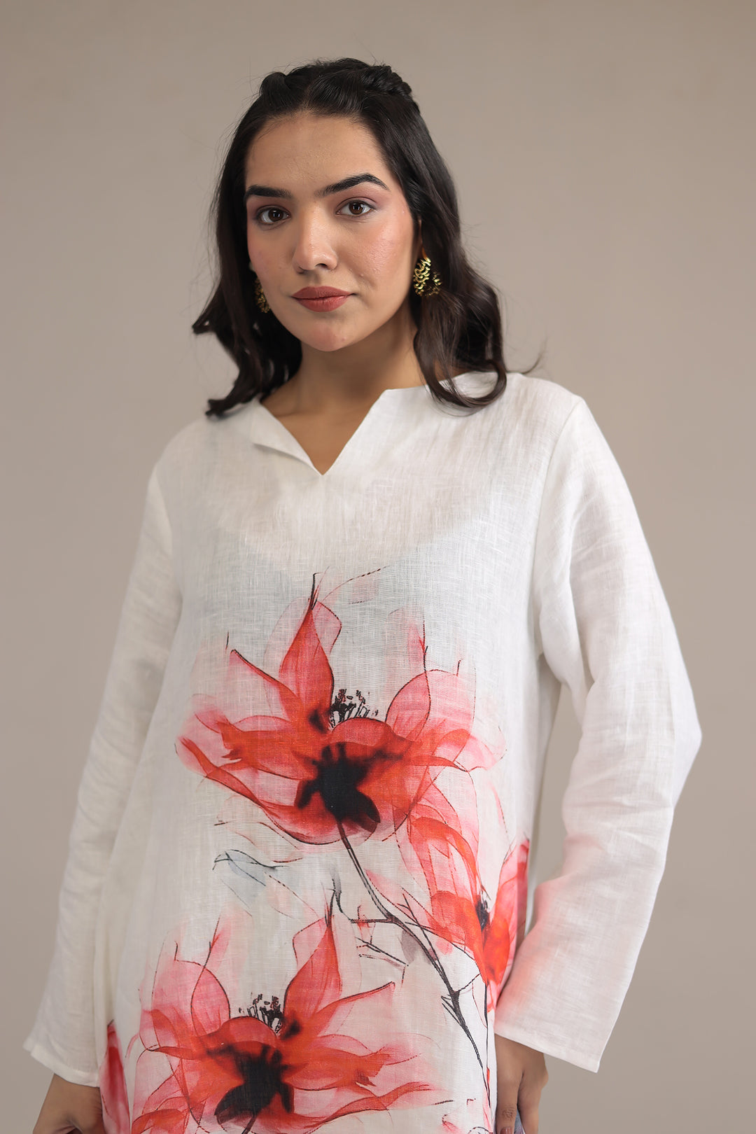 White Printed Linen Kurta
