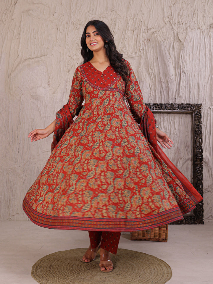 Anarkali Printed Cotton Kurta Set with Thread work