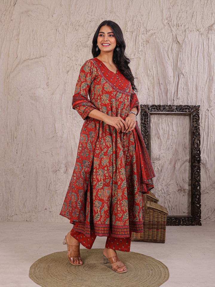 Anarkali Printed Cotton Kurta Set with Thread work