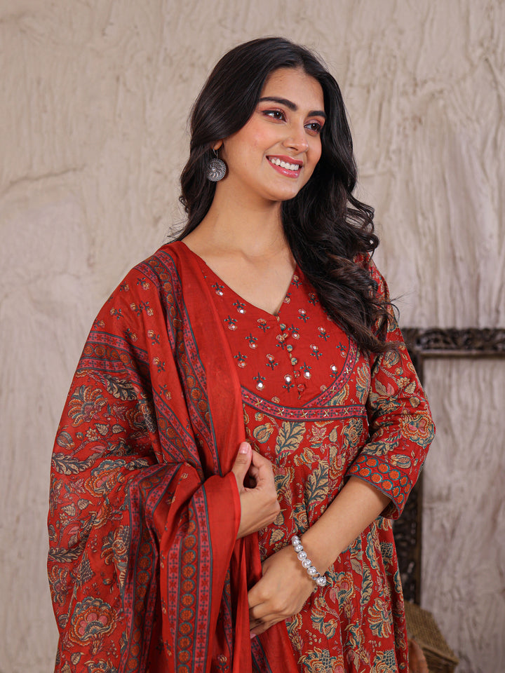 Anarkali Printed Cotton Kurta Set with Thread work