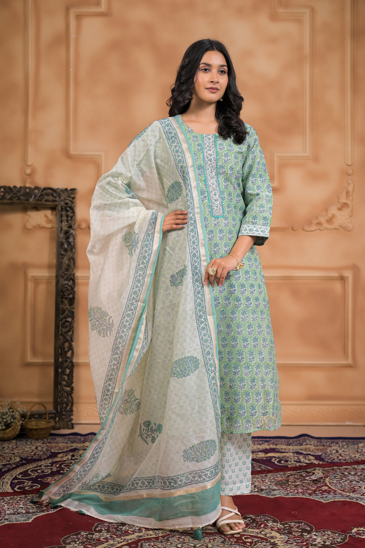 Printed Cotton Chanderi Suit with Aari, Thread and Zardozi work