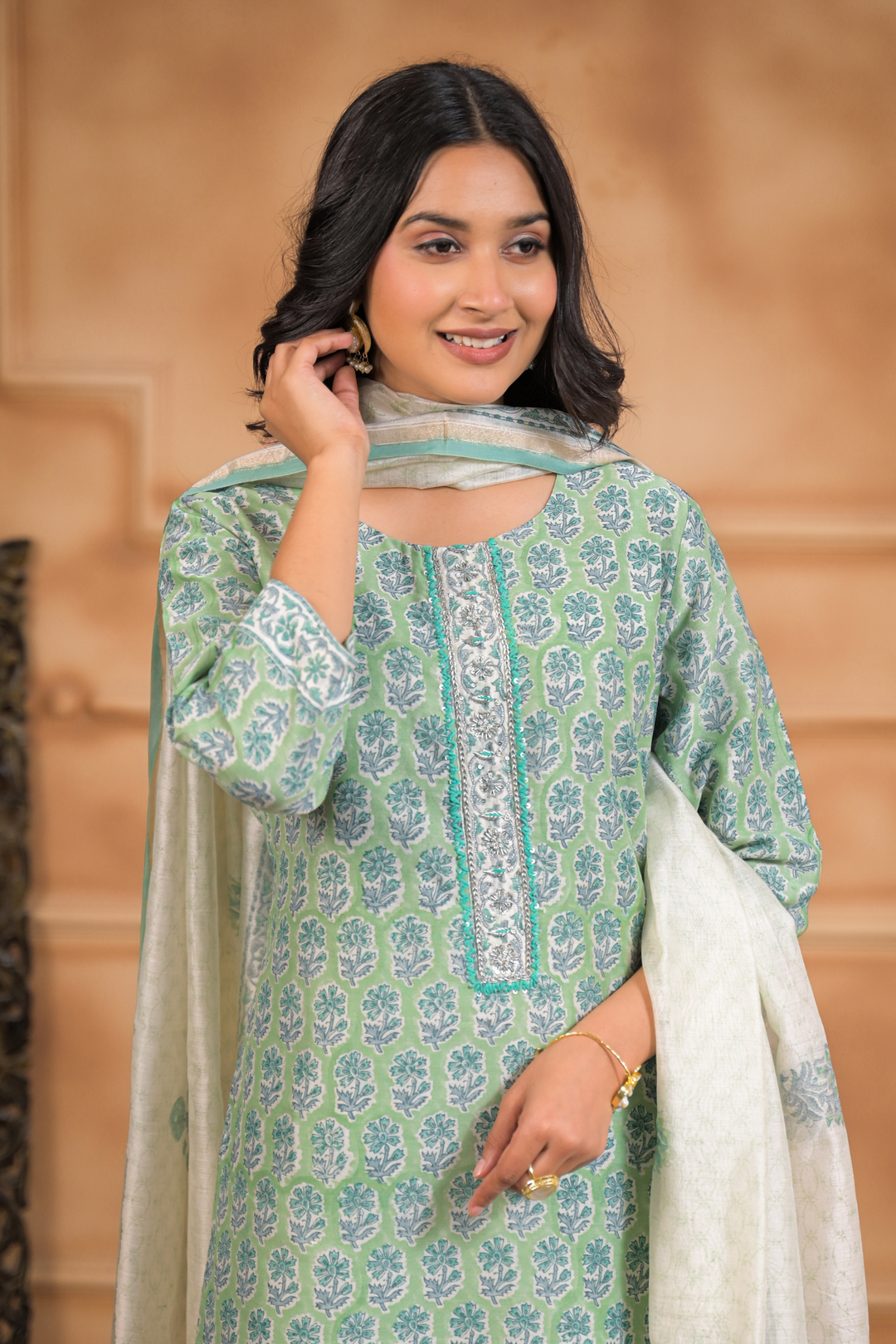 Printed Cotton Chanderi Suit with Aari, Thread and Zardozi work