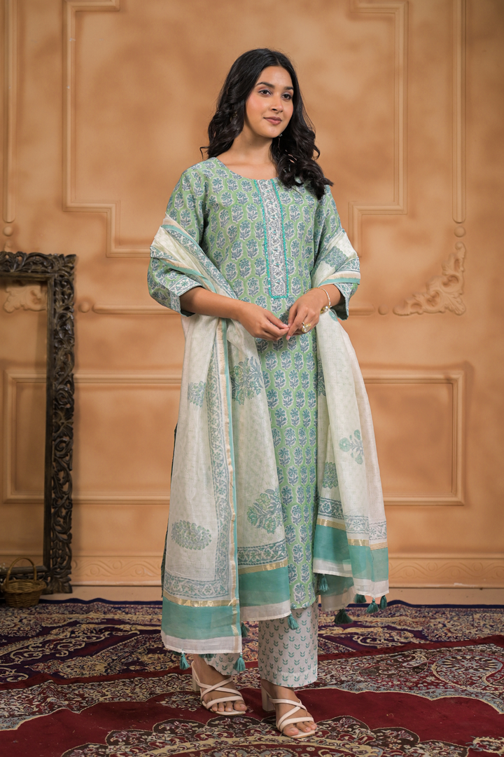 Printed Cotton Chanderi Suit with Aari, Thread and Zardozi work