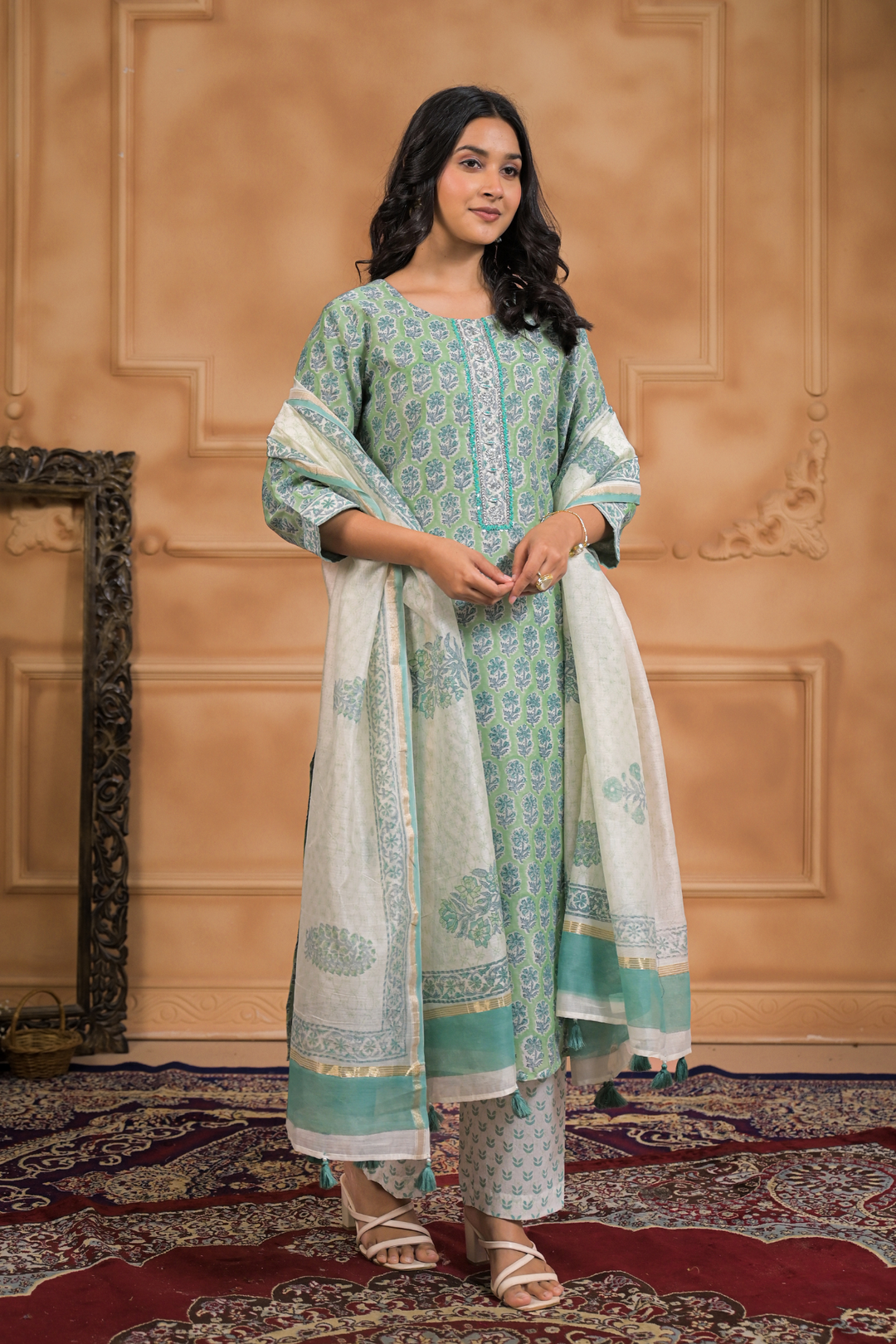 Printed Cotton Chanderi Suit with Aari, Thread and Zardozi work