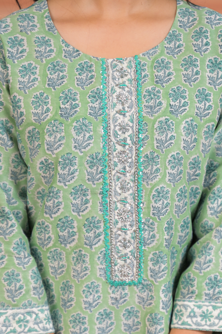 Printed Cotton Chanderi Suit with Aari, Thread and Zardozi work