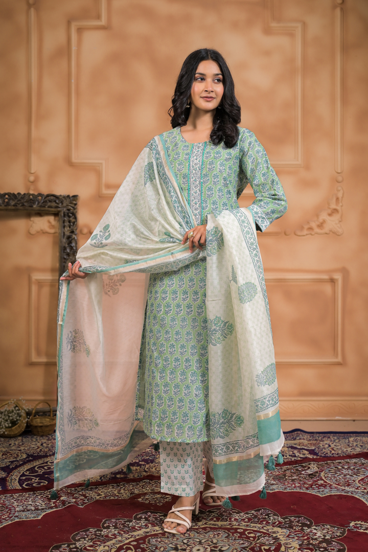 Printed Cotton Chanderi Suit with Aari, Thread and Zardozi work