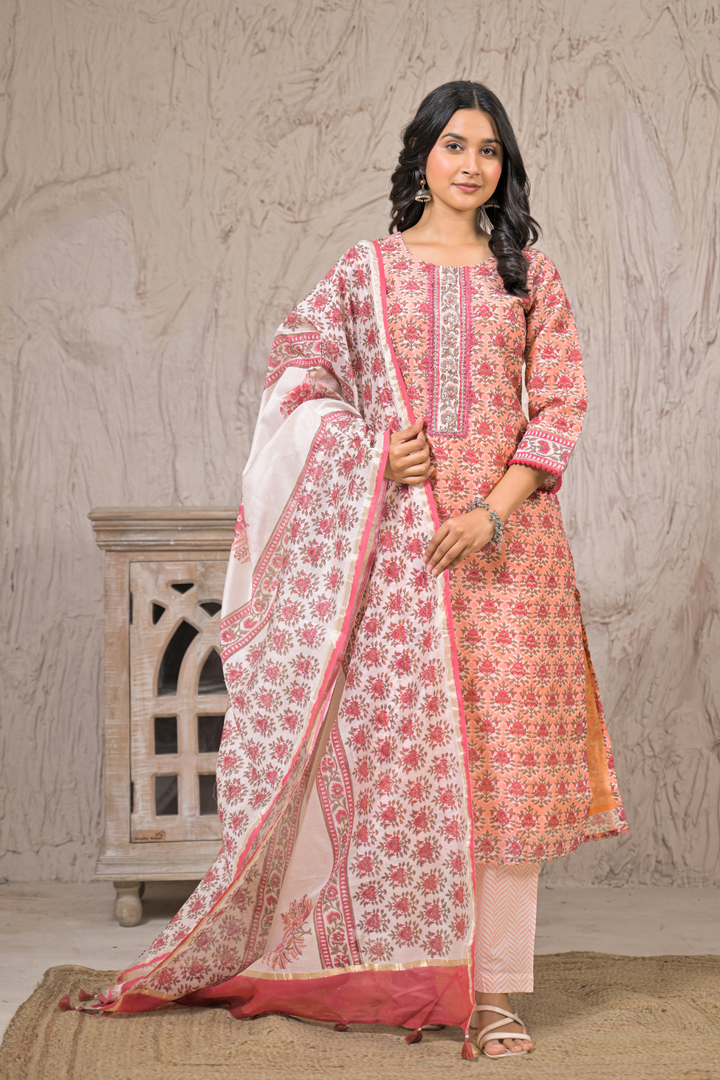 Printed Cotton Chanderi Suit with Aari, Thread and Zardozi work