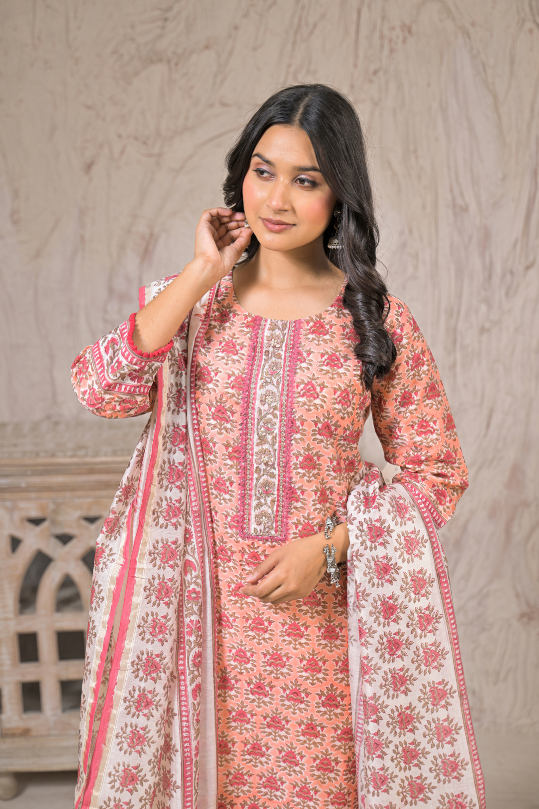 Printed Cotton Chanderi Suit with Aari, Thread and Zardozi work