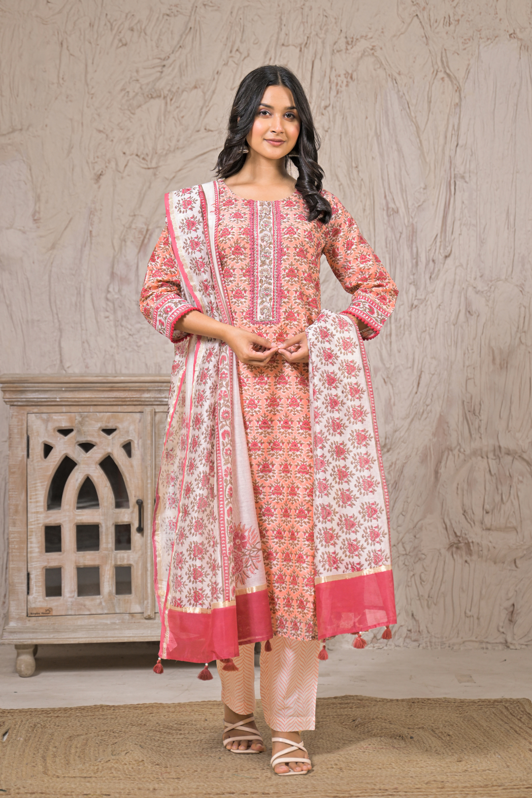 Printed Cotton Chanderi Suit with Aari, Thread and Zardozi work