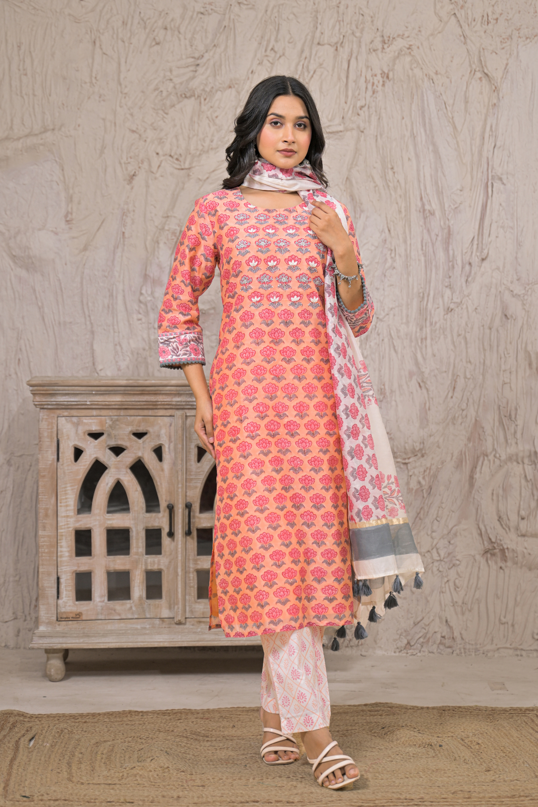 Chanderi Suit  with Aari, Pearl, Thread work.