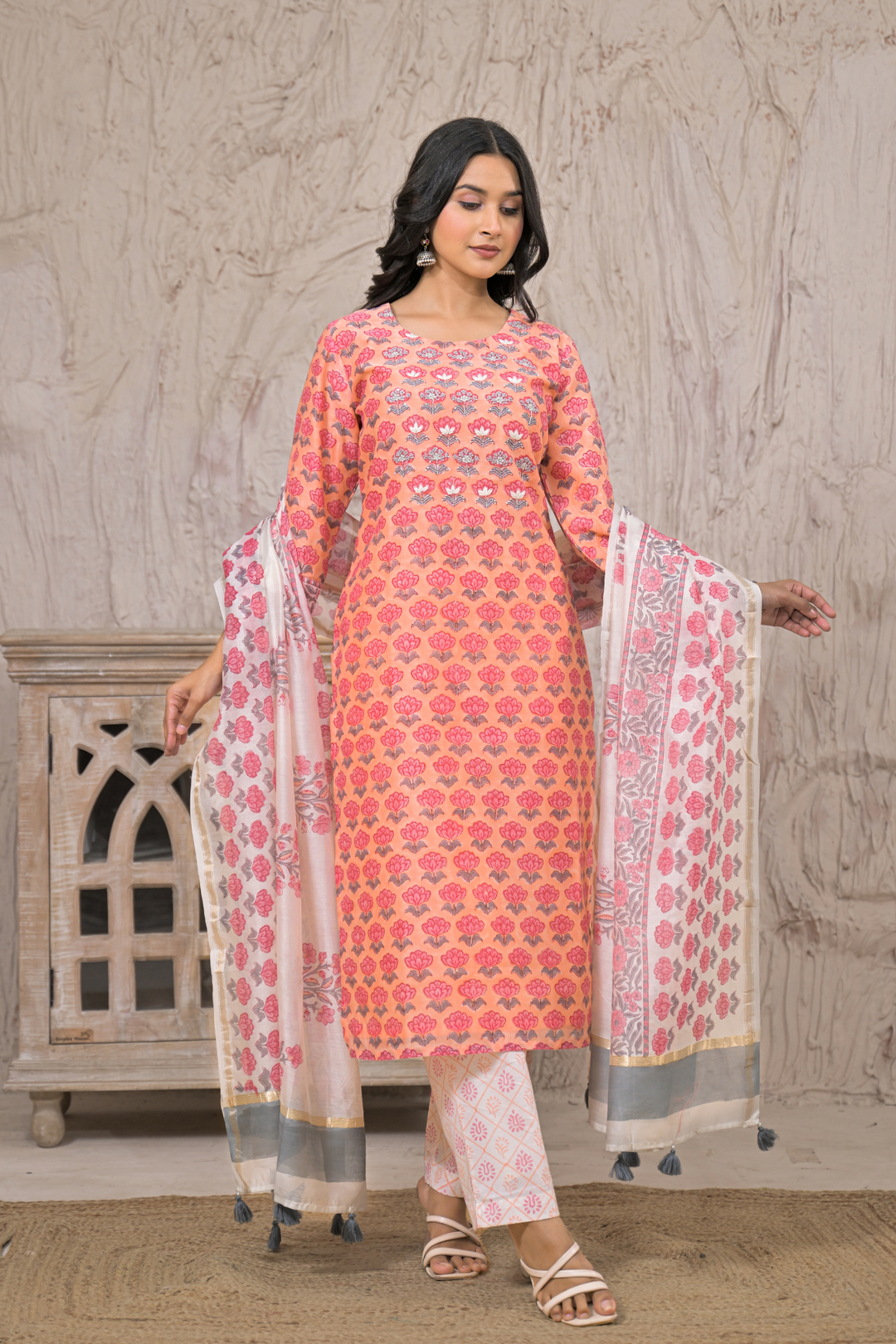 Chanderi Suit  with Aari, Pearl, Thread work.